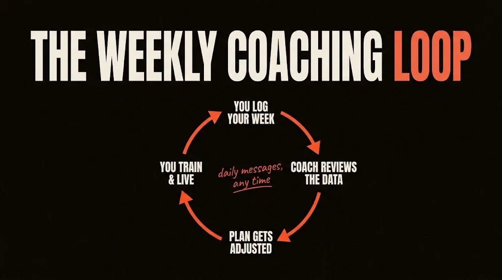 Diagram of the weekly online coaching loop: you log your week, the coach reviews the data, the plan gets adjusted, daily accountability in between