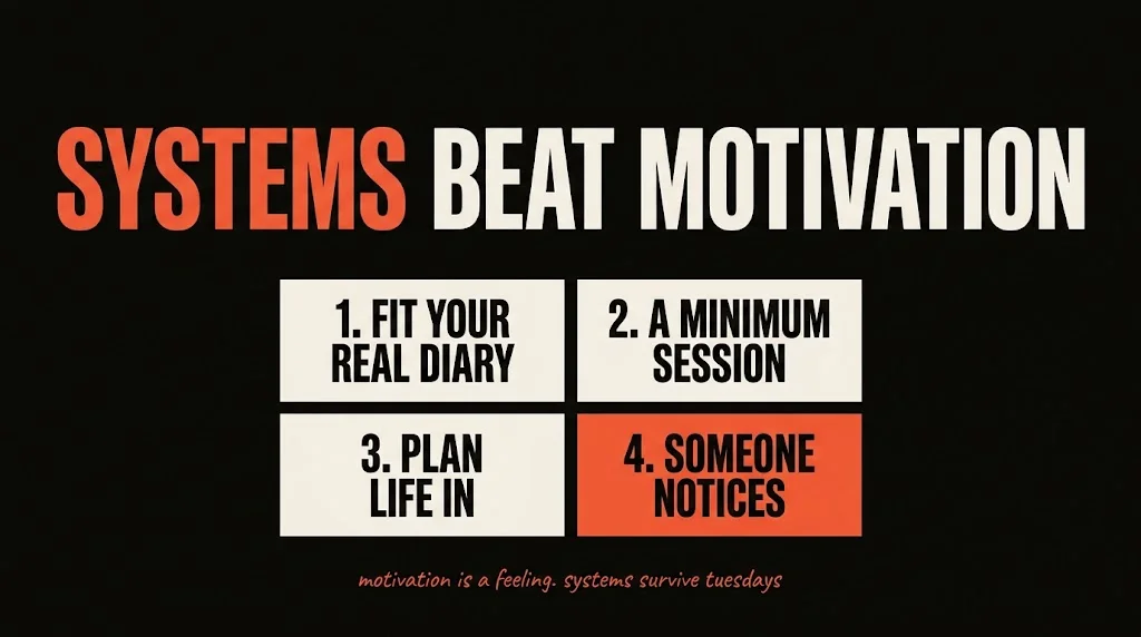 Systems beat motivation: the four systems that keep busy people consistent with training — fit the diary, minimum session, plan life in, someone notices