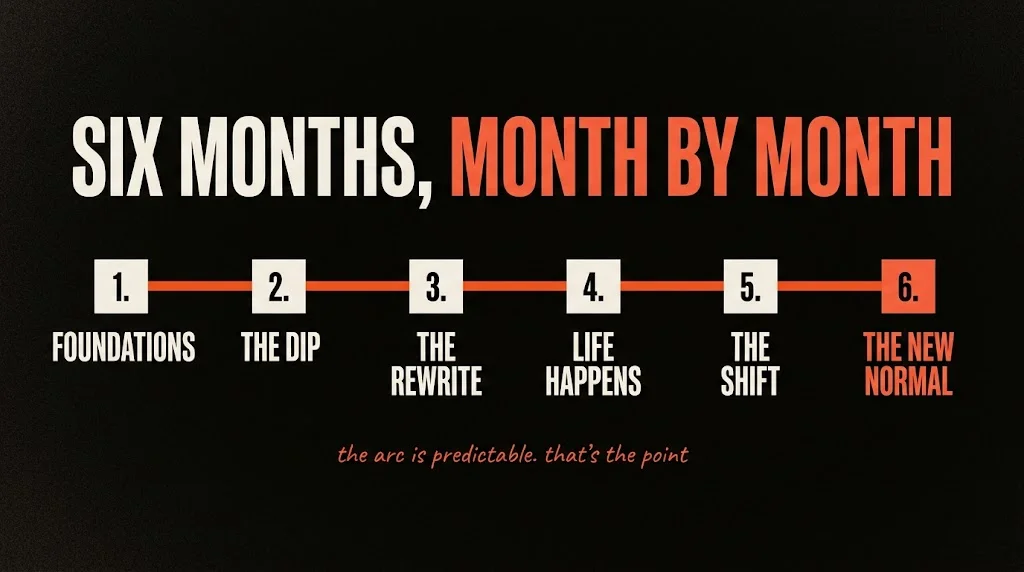 Timeline of six months of online fitness coaching, month by month: foundations, the dip, the rewrite, the stress-test, the shift, the new normal